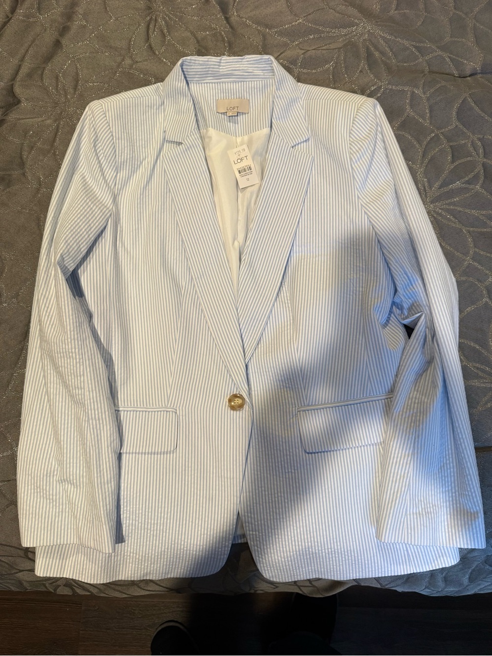 LOFT Seersucker Light Blue and White Pinstripe Single-Button Blazer